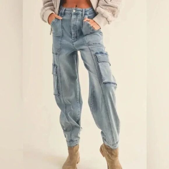 Miou Muse Denim Blue Jean Utility Cargo Jogger Jeans High Rise Size Small - Picture 1 of 13